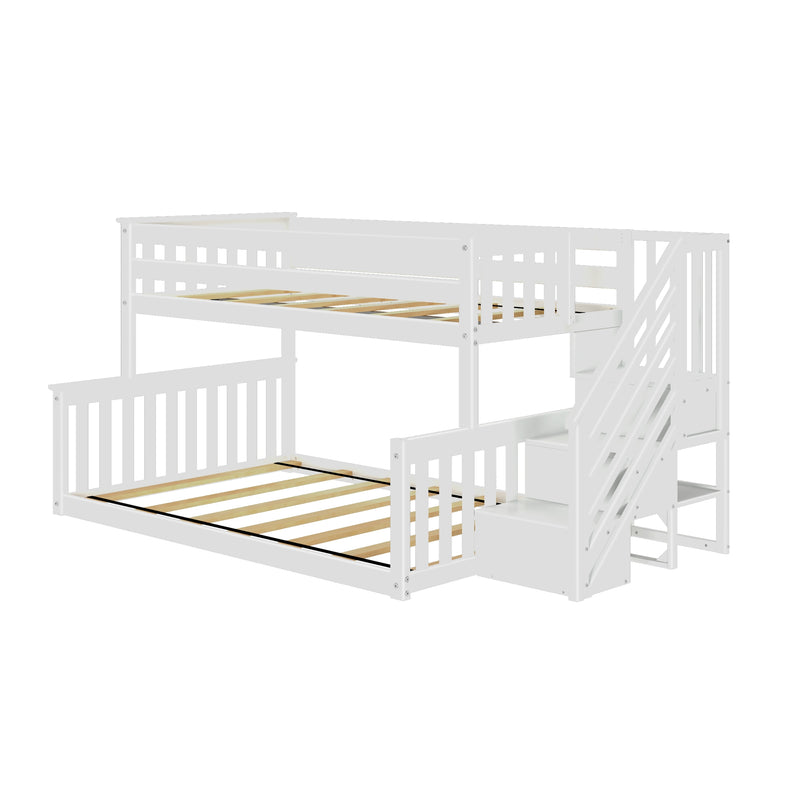 White wooden twin-over-full bunk bed with staircase, built-in storage drawers and shelves, slatted mattress supports and safety rails, modern space-saving kids bedroom furniture