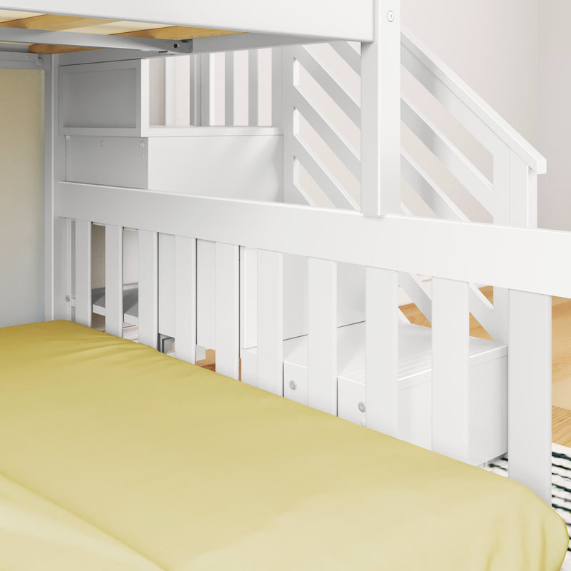 Modern white bunk bed with yellow bedding in a bright, minimalist bedroom.