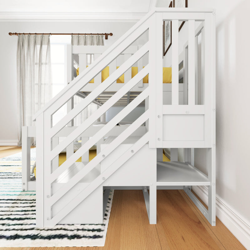 White wooden bunk bed with built-in staircase and under-bed storage, yellow bedding, striped area rug and sheer curtains in a bright modern kids' bedroom with hardwood flooring