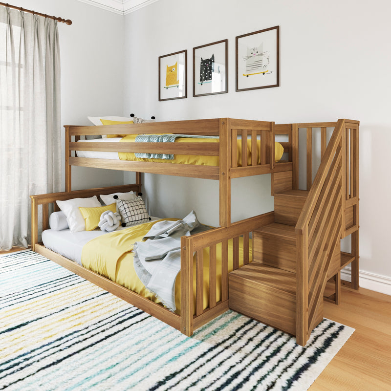 Stylish wooden bunk bed with storage stairs in modern kids' bedroom featuring yellow accents and playful wall art.