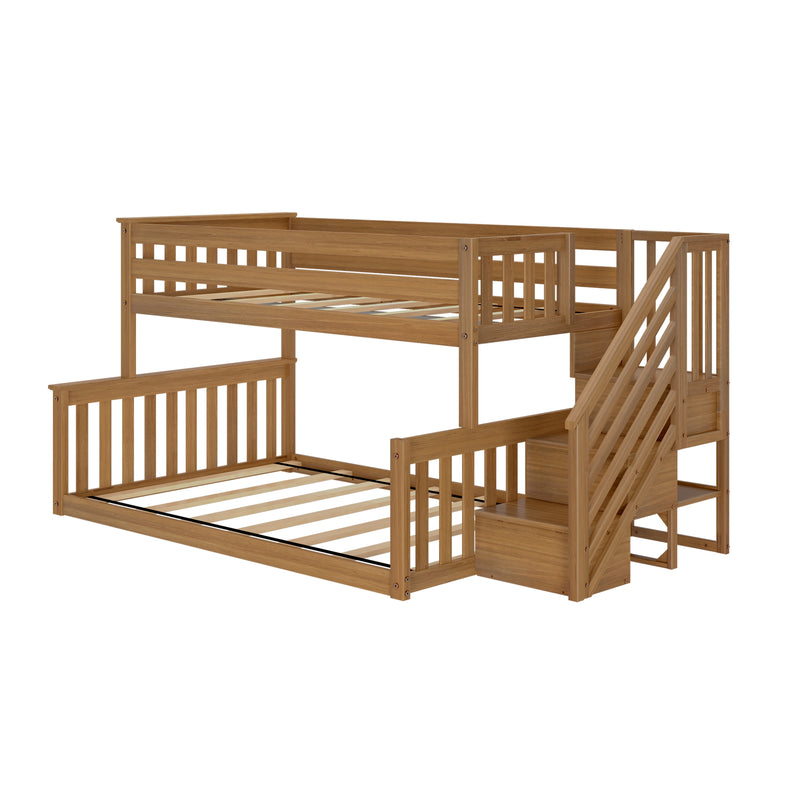 Rustic wooden bunk bed frame with built-in stairs and safety rails for kids or guest room.