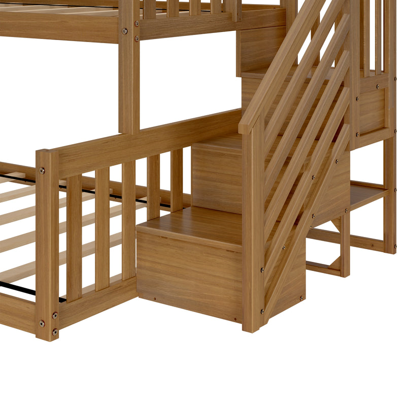 Wooden bunk bed with staircase and railing, featuring natural finish and spacious storage steps for kids' bedroom.