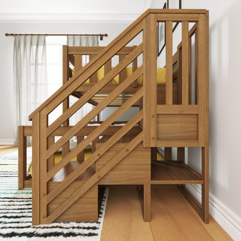 Wooden bunk bed with built-in stairs and yellow bedding in a bright bedroom.