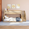 Solid wood bunk bed with staircase in pastel pink kids' bedroom, white bedding and blue throw, sun wall art — space-saving children's bedroom furniture