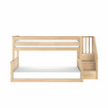 Natural wood twin-over-full bunk bed with built-in staircase storage, guardrails and white mattresses, modern kids' bedroom furniture