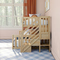 Natural wood children's loft bunk bed with staircase and safety rails in a pastel pink kids' bedroom, white bedding, orange curtains, large window and blue plaid carpet