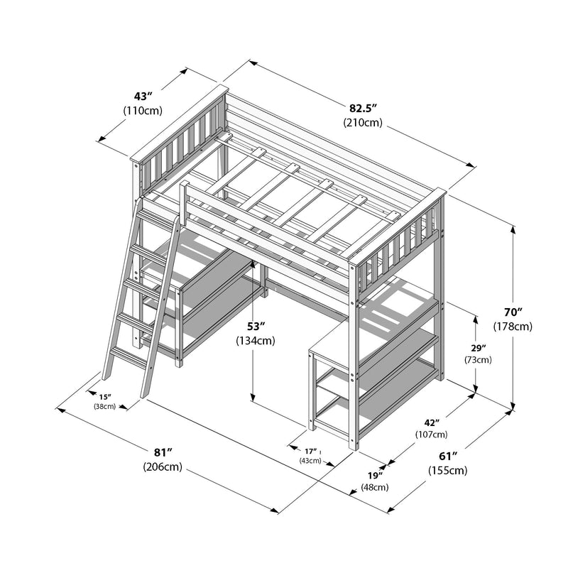 Dimensions of a wooden loft bed with ladder and desk, ideal for small bedrooms.