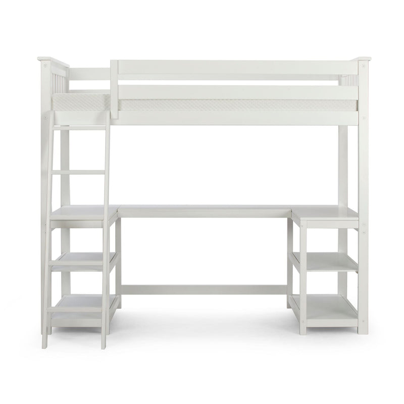 White wooden loft bed with integrated desk and shelves for maximizing space in small bedrooms.
