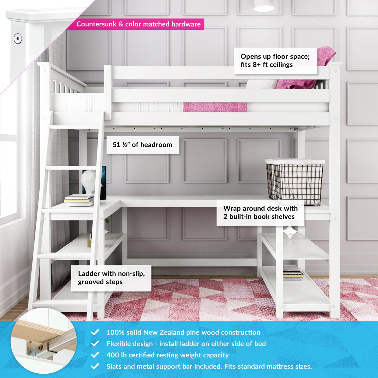 185227-002 : Storage & Study Loft Beds Twin-Size High Loft Bed with Wraparound Desk & Shelves, White