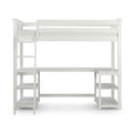 White twin loft bed with built-in desk, ladder and open shelves — space-saving kids bedroom furniture