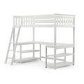 White wooden twin loft bed with ladder, L-shaped desk and built-in storage shelves for kids' bedroom