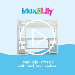 Max & Lily Twin High Loft Bed with Desk and Shelves, white solid wood space-saving kids loft bed with built-in desk, storage shelves and ladder