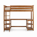 Solid wood loft bed with built-in desk, open shelves and ladder in natural walnut finish — space-saving twin loft bed for kids and teens