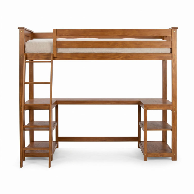 Solid wood loft bed with built-in desk, open shelves and ladder in natural walnut finish — space-saving twin loft bed for kids and teens