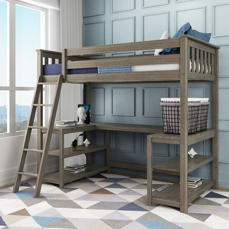 Loft bed with integrated desk and shelves in modern bedroom setup.