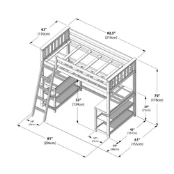 Dimensions and design of a loft bed with integrated ladder, desk, and shelves, perfect for optimizing space in small bedrooms.