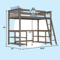 Gray wood twin loft bed with ladder and built-in open shelving, 82.5 inches long x 61 inches wide x 70 inches high, 53 inches under-bed clearance, 400 lb weight capacity