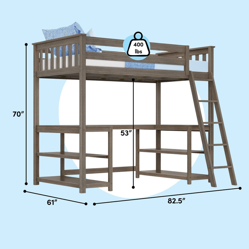 Gray wood twin loft bed with ladder and built-in open shelving, 82.5 inches long x 61 inches wide x 70 inches high, 53 inches under-bed clearance, 400 lb weight capacity