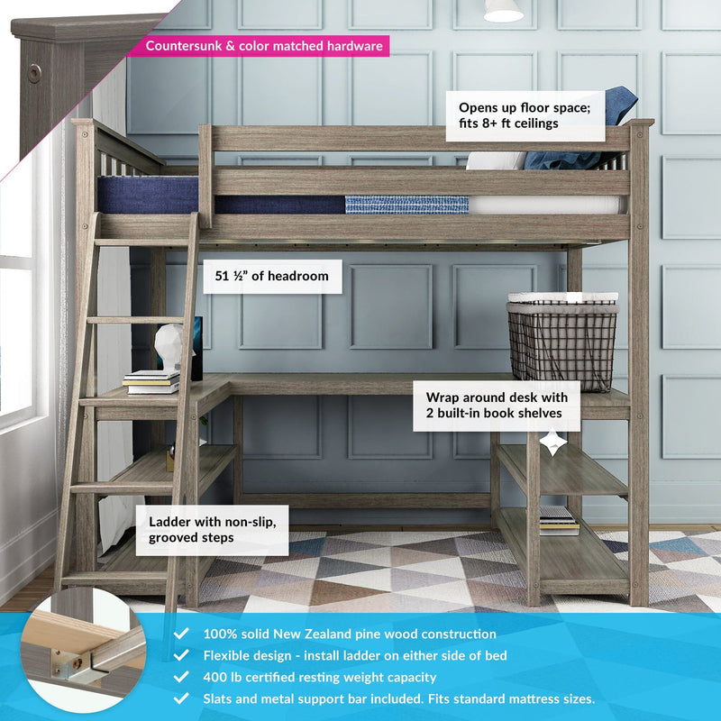 Loft bed with desk, non-slip ladder, and bookshelves made of solid New Zealand pine wood, ideal for maximizing space in rooms with 8-foot ceilings.