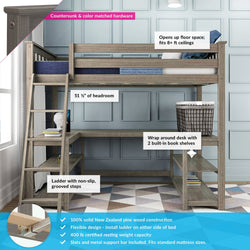 185227-151 : Storage & Study Loft Beds Twin-Size High Loft Bed with Wraparound Desk & Shelves, Clay