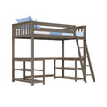 Gray twin loft bed with mattress and blue pillows, angled ladder, integrated desk and open shelving below, rustic wood finish, space-saving kids bedroom furniture