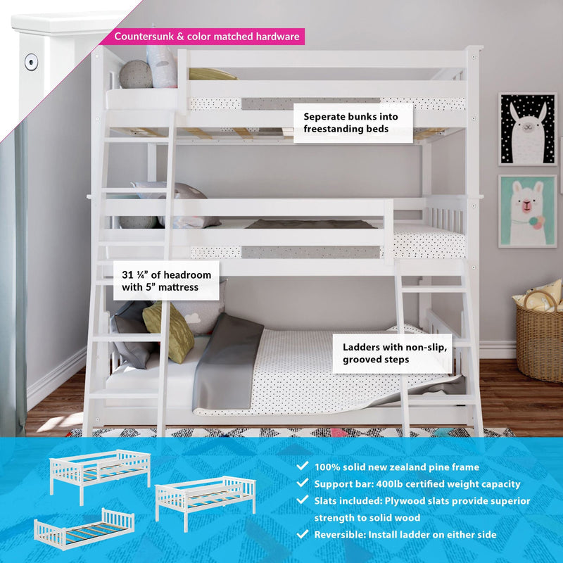 White triple bunk bed made from 100% solid New Zealand pine with reversible ladder and non-slip grooved steps, safety rails, plywood slats, 400 lb certified support bar, and convertible design for space-saving kids bedroom furniture