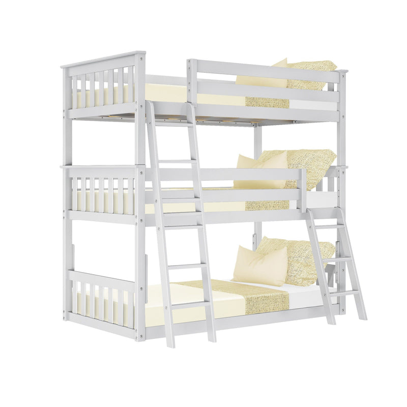 White triple bunk bed with ladders and bedding, space-saving bedroom furniture for kids.