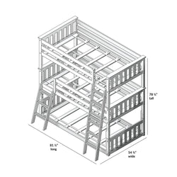 Triple bunk bed frame with ladders and safety rails, dimensions 81.5 inches long, 54.75 inches wide, and 78.5 inches tall, ideal for maximizing space in kids' bedrooms.