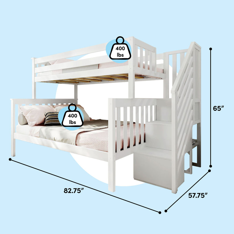 White wooden twin-over-full bunk bed with staircase and built-in storage, slatted guardrails, 82.75 x 57.75 x 65 in, 400 lbs capacity per bed