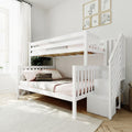 White wooden bunk bed with stairs in bright modern kids' bedroom with soft pink bedding, animal wall art, natural light and hardwood floors