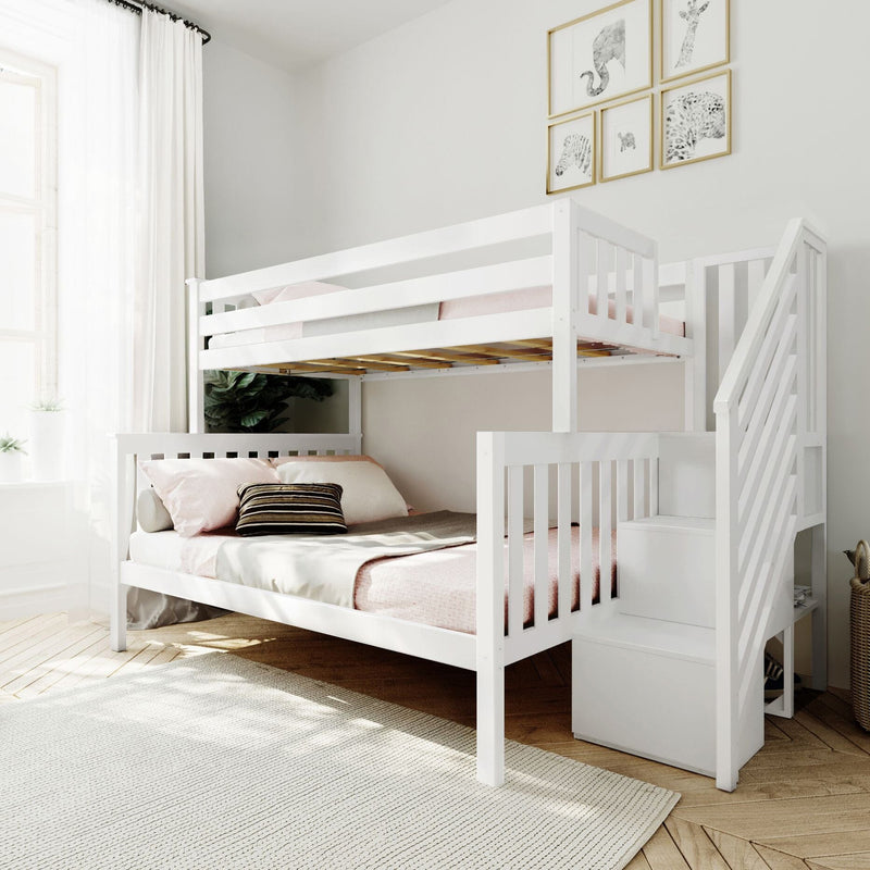 White wooden twin-over-full bunk bed with staircase and built-in storage, pink bedding and pillows in a bright modern children's bedroom with hardwood floors, sheer curtains, area rug and framed animal art