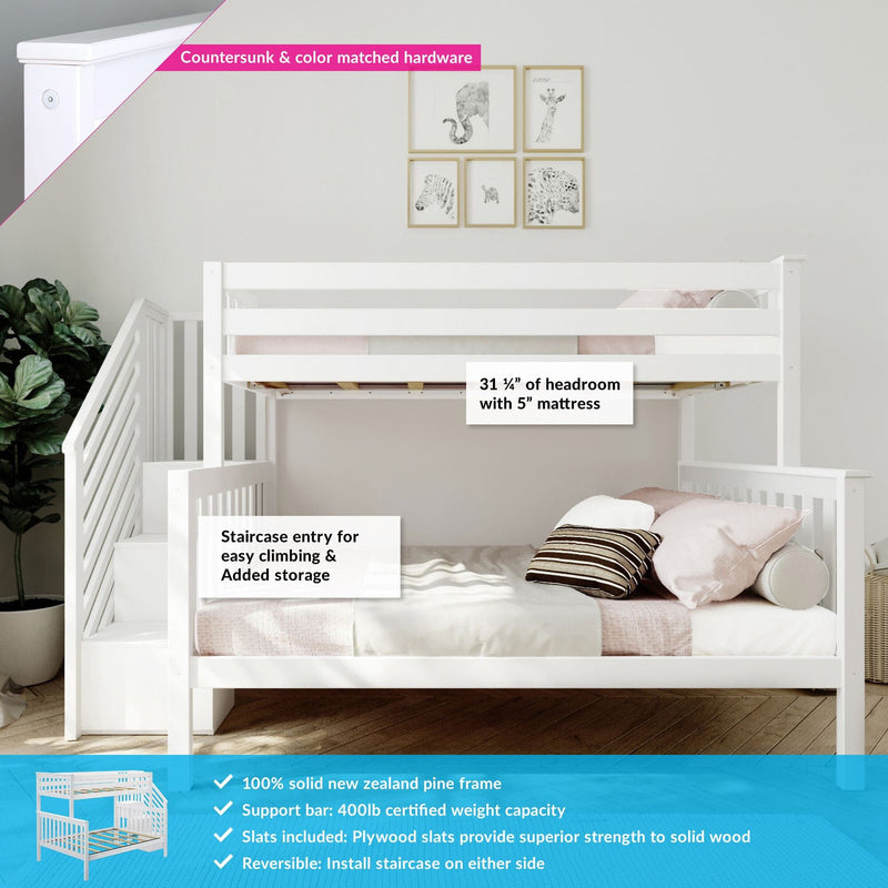 White wooden bunk bed with staircase, featuring storage, 400lb weight capacity, and solid New Zealand pine frame. Perfect for kids' room.