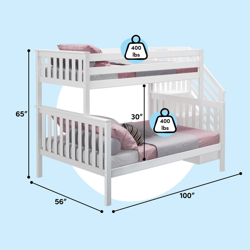 White wooden twin-over-full bunk bed with stairs and guardrails, slatted headboards, 65" H x 56" W x 100" L, 30" clearance between beds, 400 lb weight capacity per bed, modern kids' bedroom furniture
