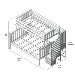 Wooden twin over full bunk bed with staircase, measuring 65 inches tall, 99.5 inches long, and 57 inches wide, featuring a 36.25-inch underbed space.