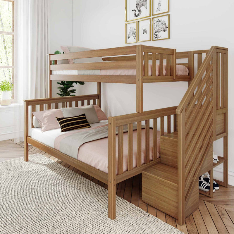 Modern wooden bunk bed with storage stairs in a cozy, light-filled bedroom featuring pink bedding and framed animal art.
