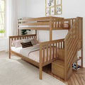 Solid wood twin-over-twin bunk bed with built-in staircase and natural wood finish, pink bedding and pillows in a modern kids bedroom with framed animal prints, window with curtains, indoor plant and woven rug
