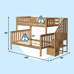 Solid wood bunk bed with stairs and built-in storage, twin-over-full style, natural wood finish, 400 lb capacity per bed, 65″ H × 100″ L × 56″ W, 30″ clearance between beds