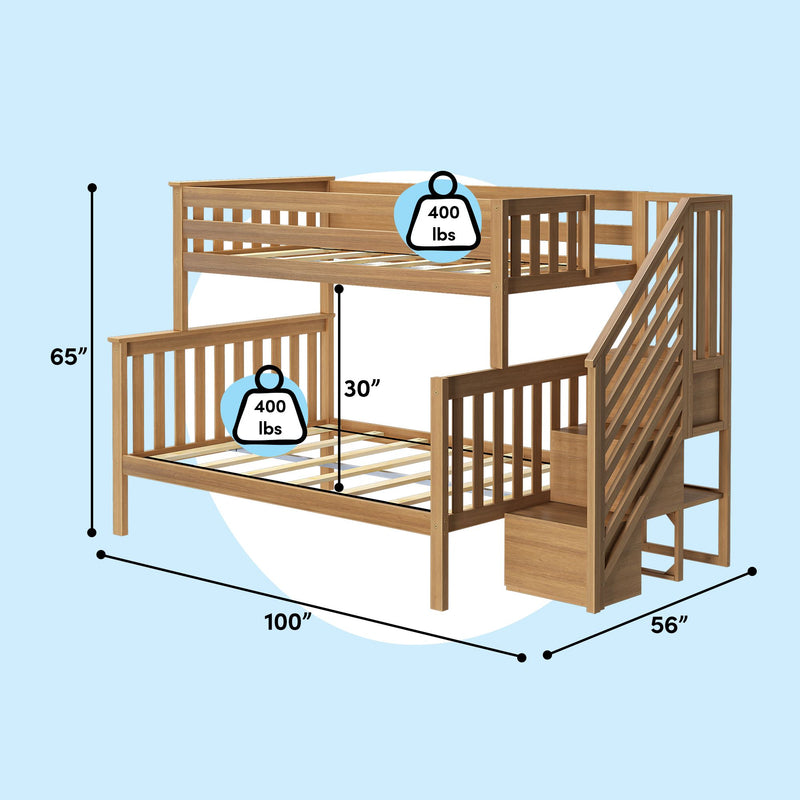 Solid wood bunk bed with stairs and built-in storage, twin-over-full style, natural wood finish, 400 lb capacity per bed, 65″ H × 100″ L × 56″ W, 30″ clearance between beds