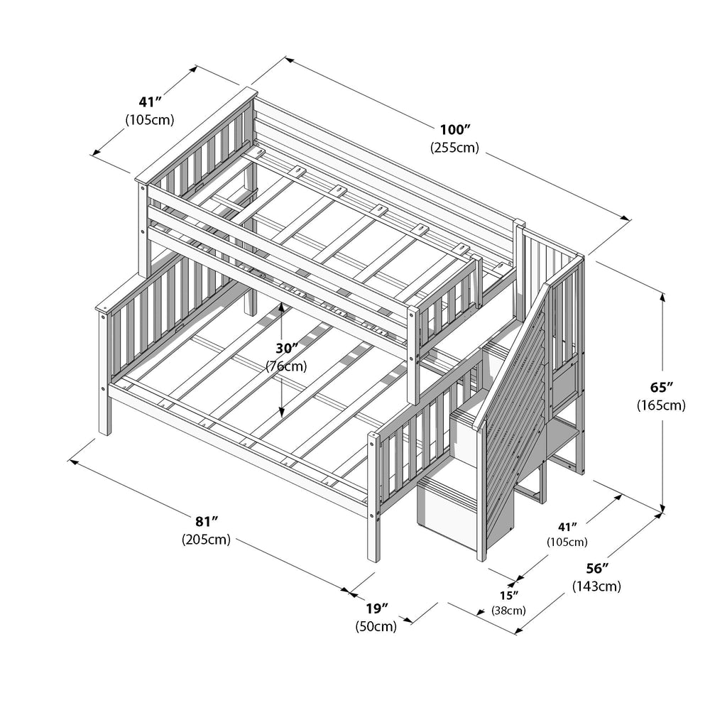 Diagram of twin over full wooden bunk bed with dimensions showing measurements in inches and centimeters.