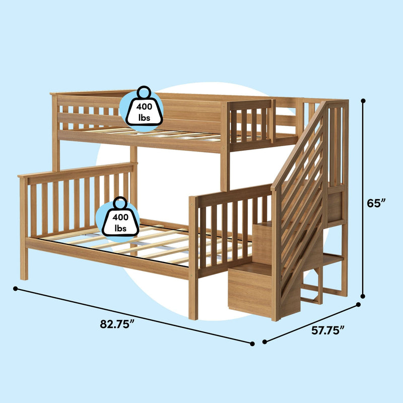 Solid wood twin-over-full loft bunk bed with stair storage and slatted rails, dimensions 82.75" x 57.75" x 65", 400 lb weight capacity per bed