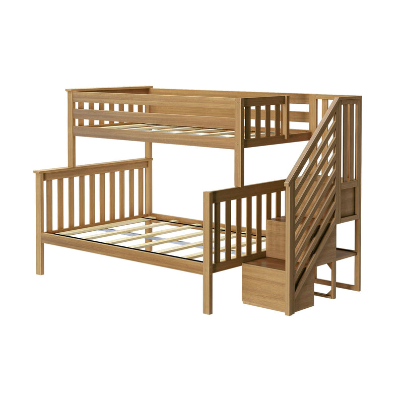 Wooden L-shaped bunk bed with integrated stairs and storage drawers.