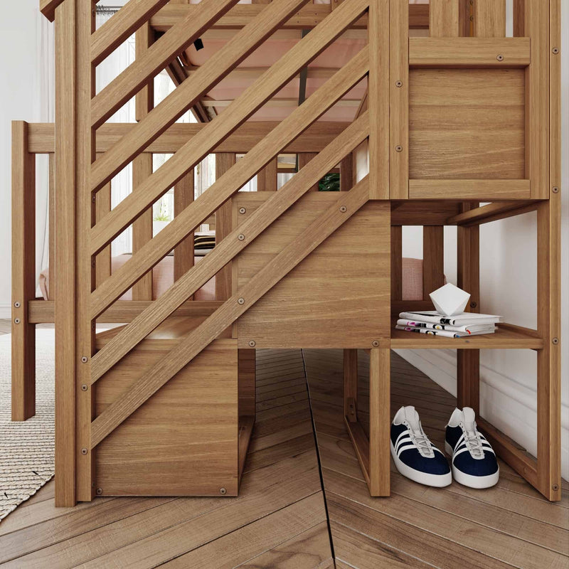 Wooden loft bed with built-in staircase storage, books, and blue sneakers on a hardwood floor.