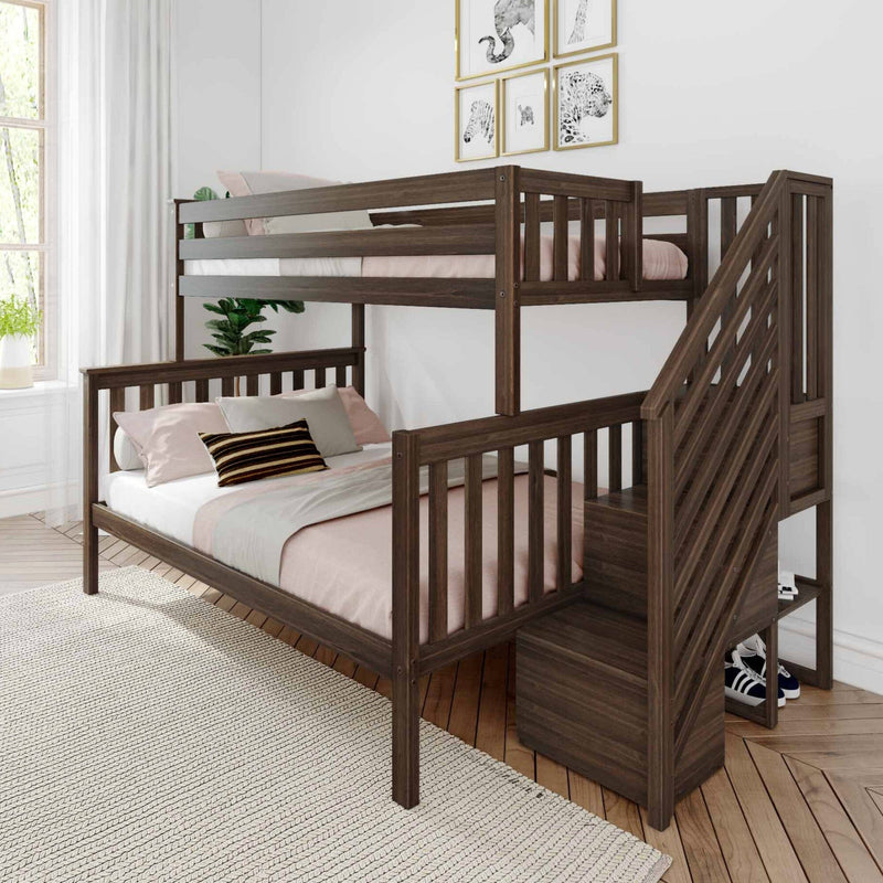 Wooden bunk bed with staircase in modern bedroom, featuring pink bedding and wall art.