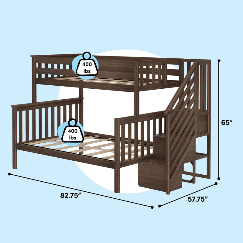 Espresso solid wood twin-over-full bunk bed with built-in staircase and storage, slatted mattress platforms, 400 lb weight capacity per bed, dimensions 82.75" x 57.75" x 65", sturdy loft-style design for kids and teens