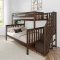 Dark walnut twin-over-twin bunk bed with built-in stairs and storage, pink bedding and striped pillow in a bright kids' bedroom with gallery wall