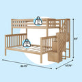 Solid wood twin-over-full bunk bed with staircase and built-in storage in natural finish, 65" H × 82.75" L × 57.75" D, 400 lb weight capacity per bed