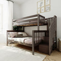 Wooden loft bunk bed with stairs in bright neutral children's bedroom, soft pink bedding, striped pillow and framed animal prints