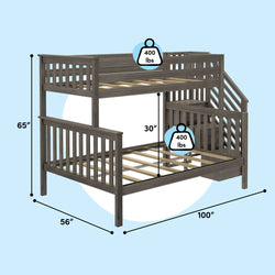 Gray wooden twin-over-full bunk bed with staircase storage, 65 in H x 56 in W x 100 in L, 30 in clearance, 400 lb capacity per bed