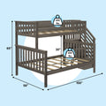 Gray wood twin-over-full bunk bed with staircase, slatted wood mattress support, 400 lb capacity per bed, dimensions 100 in L x 56 in W x 65 in H