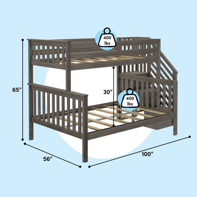Gray wood twin-over-full bunk bed with staircase, slatted wood mattress support, 400 lb capacity per bed, dimensions 100 in L x 56 in W x 65 in H